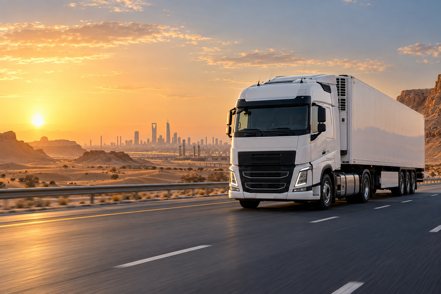 Illustrative refrigerated truck travelling through a Saudi desert landscape